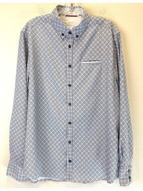 J.B. Holt Mens Long Sleeve Button-Up Shirt L White & Navy Geometric Cotton Blend
